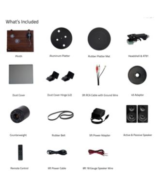 high-fidelity, Bluetooth-enabled, belt-drive, built-in preamp, 90W Class D amplified vinyl turntable system with stereo speakers, stylus.