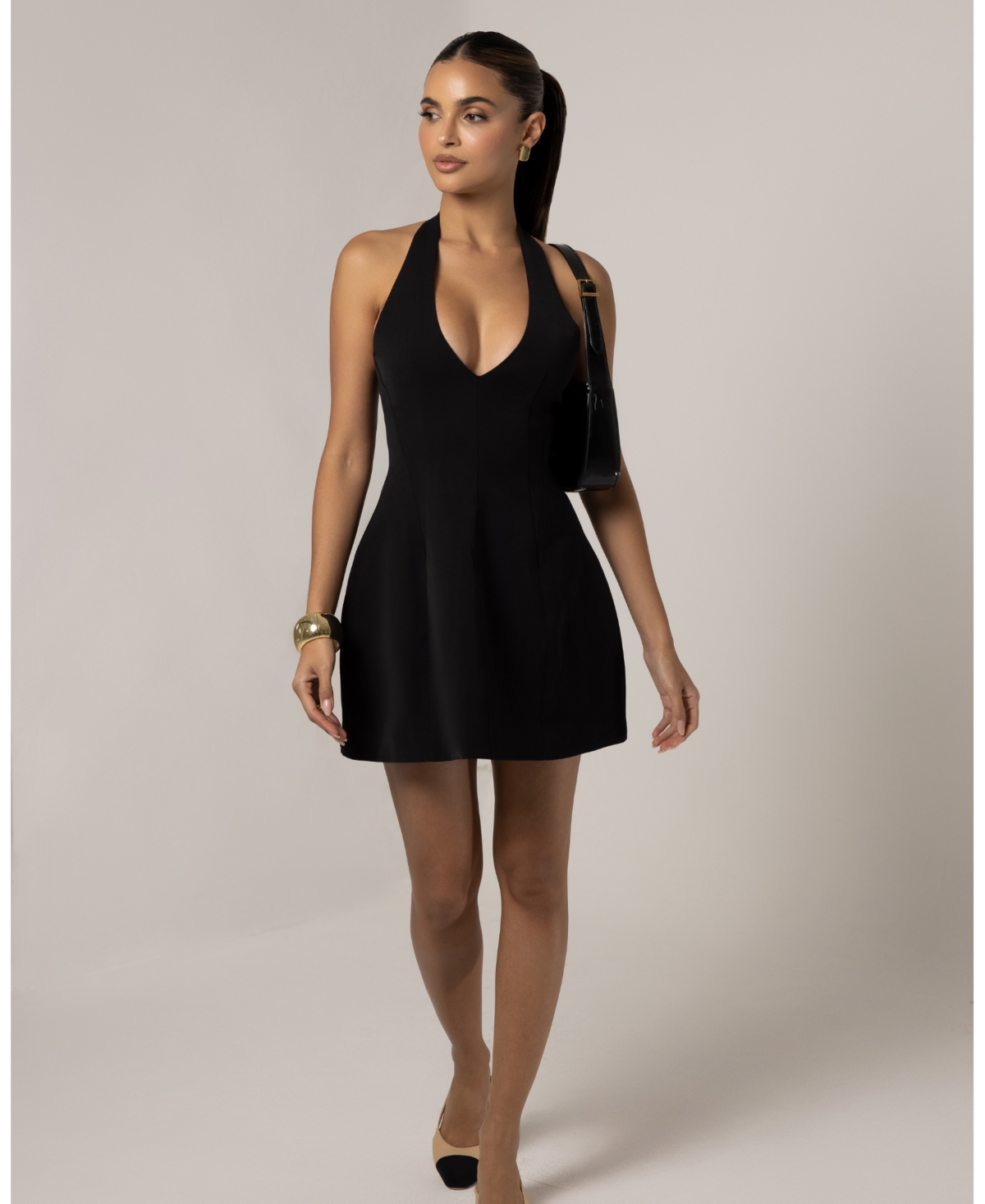 Women's A-Line Plunging Neckline Flare Mini Dress - Black