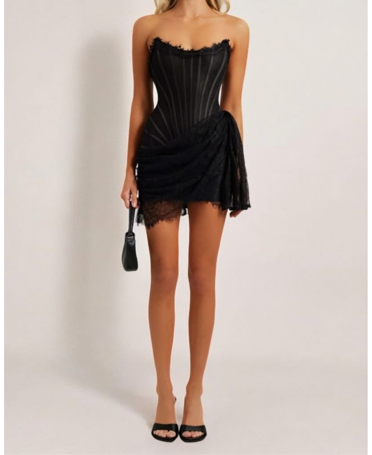Women's Lace Mesh Corset Drape Mini Dress - Black