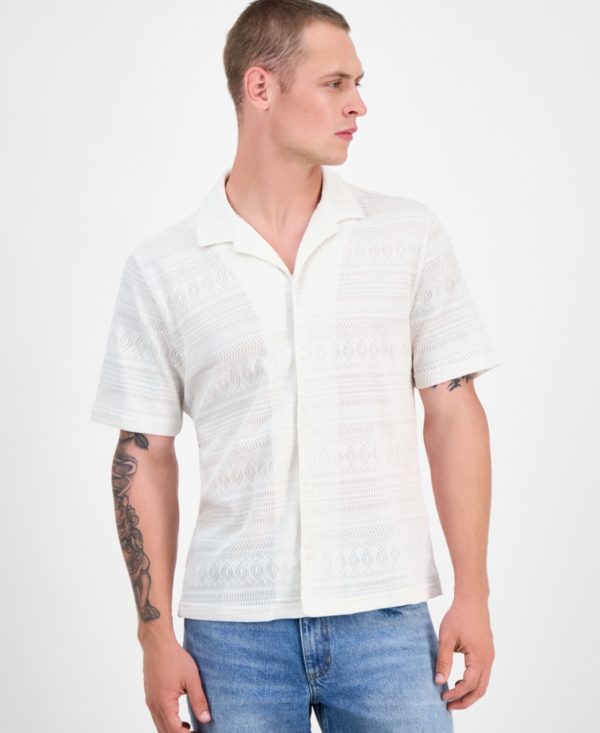 Men's Alessio Short Sleeve Textured Knit Button-Front Camp Shirt, Exclusively at Macy's - Vintage White
