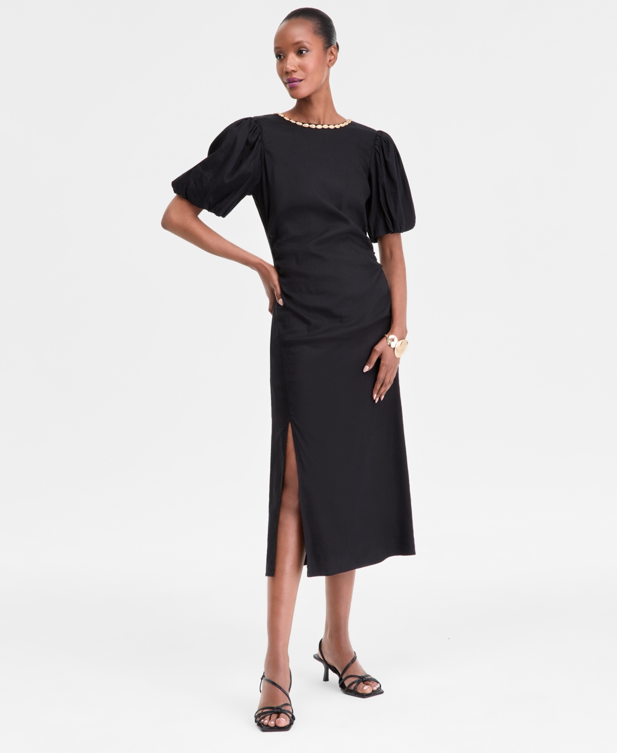 Women's Linen-Blend Puff-Sleeve Dress, Exclusively at Macy's - Beige Creme