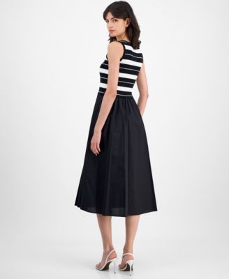 Women's Striped-Bodice Mixed-Media Midi Dress