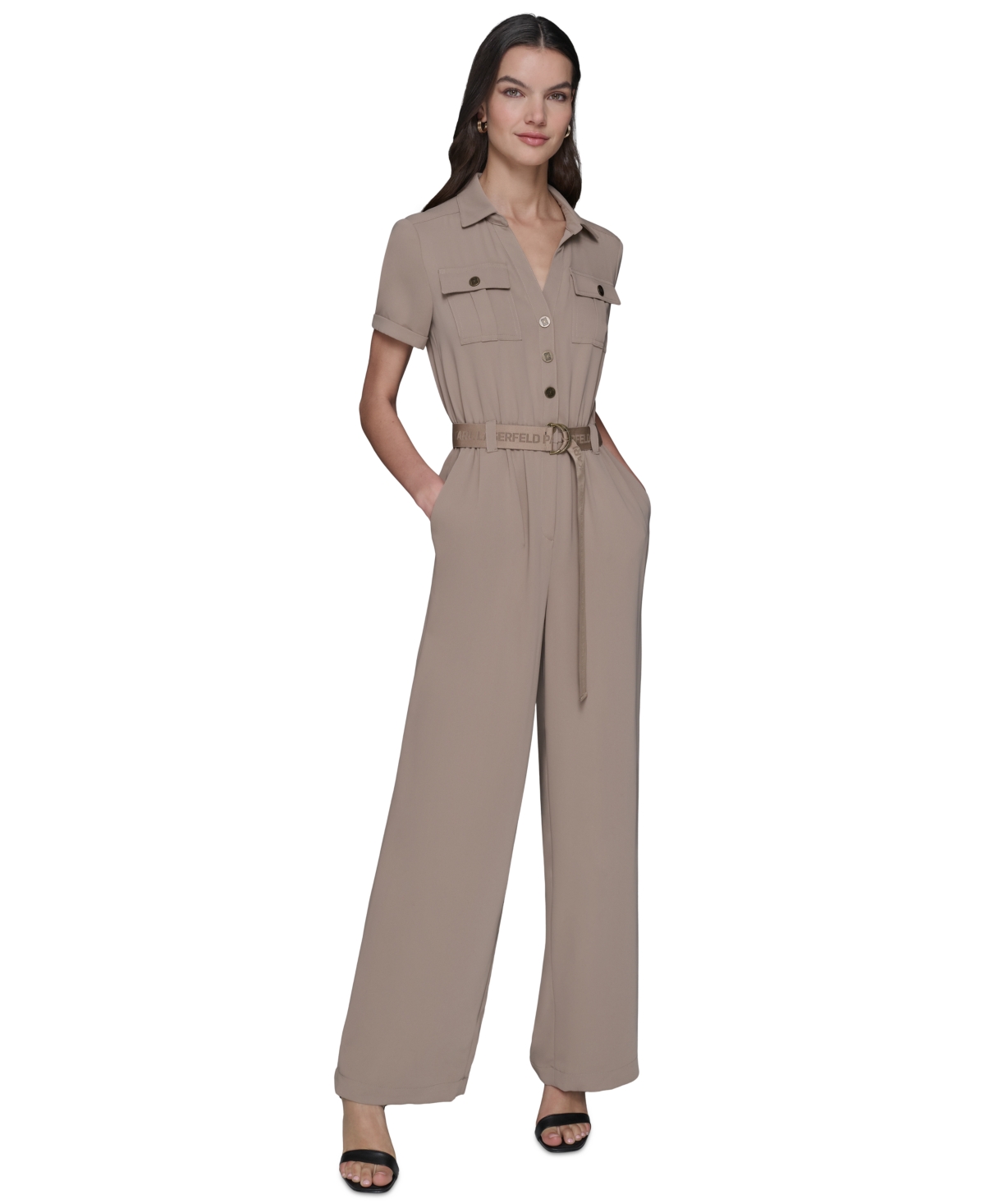 Karl Lagerfeld Women's Button-down Belted Jumpsuit In Neutral