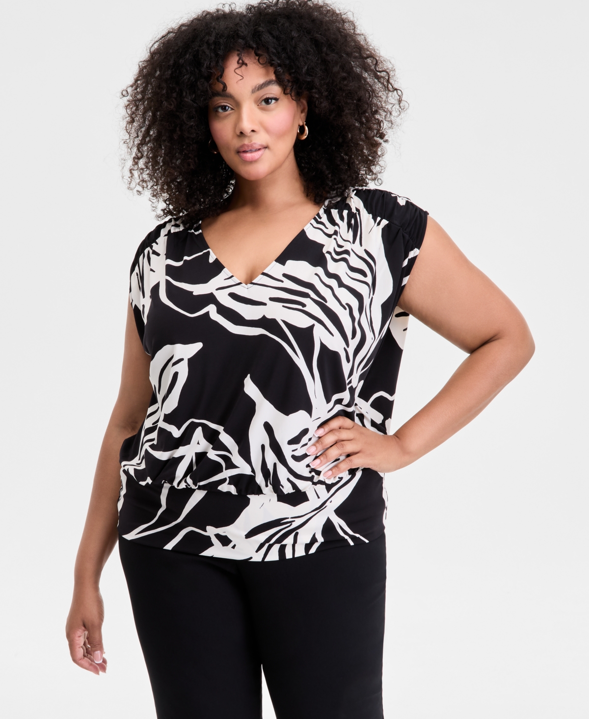Plus Size Printed V-Neck Top, Exclusively at Macy's - SORA LEAF BLK