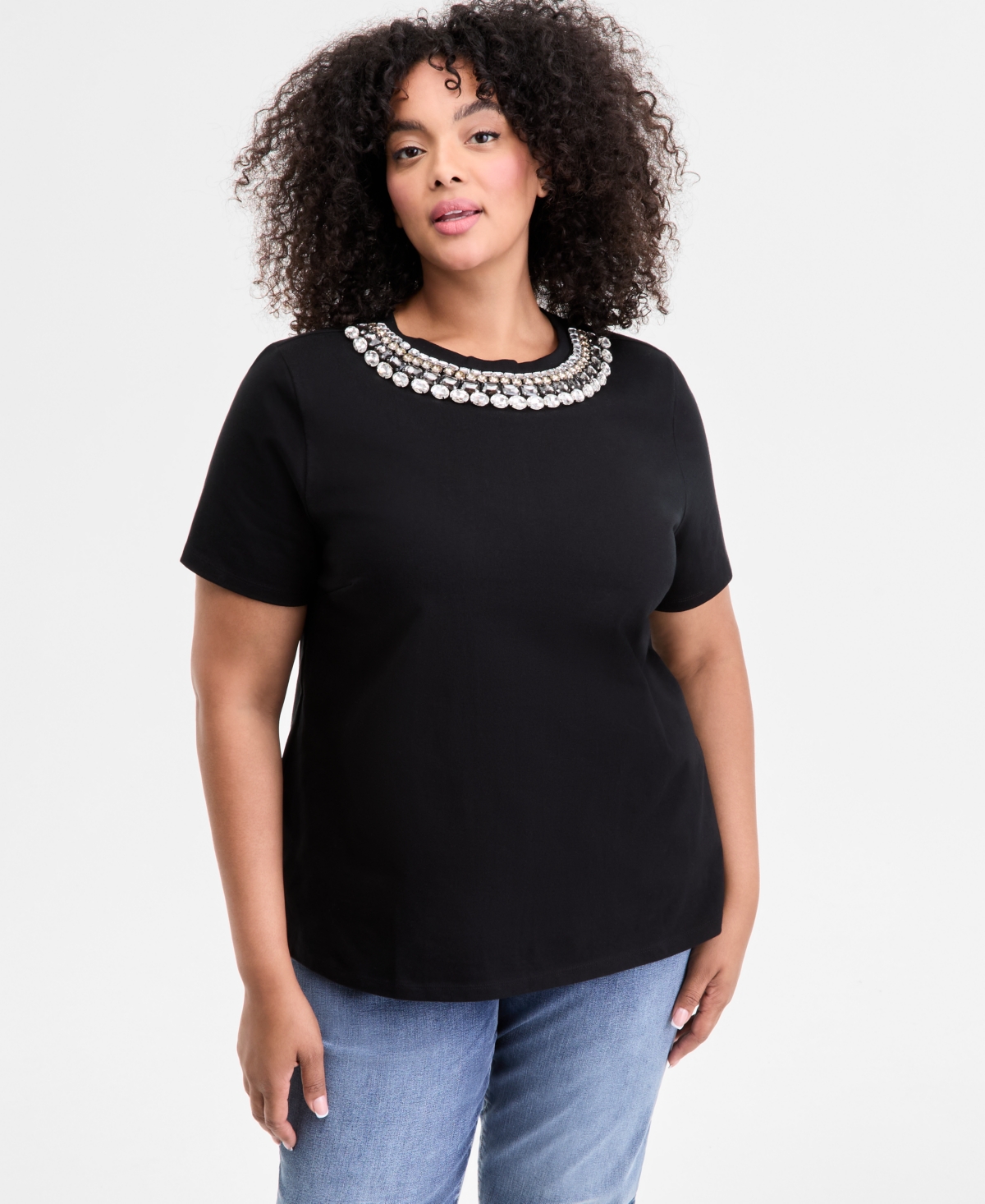 Plus Size Embellished-Neck Cotton Top, Exclusively at Macy's - Deep Black