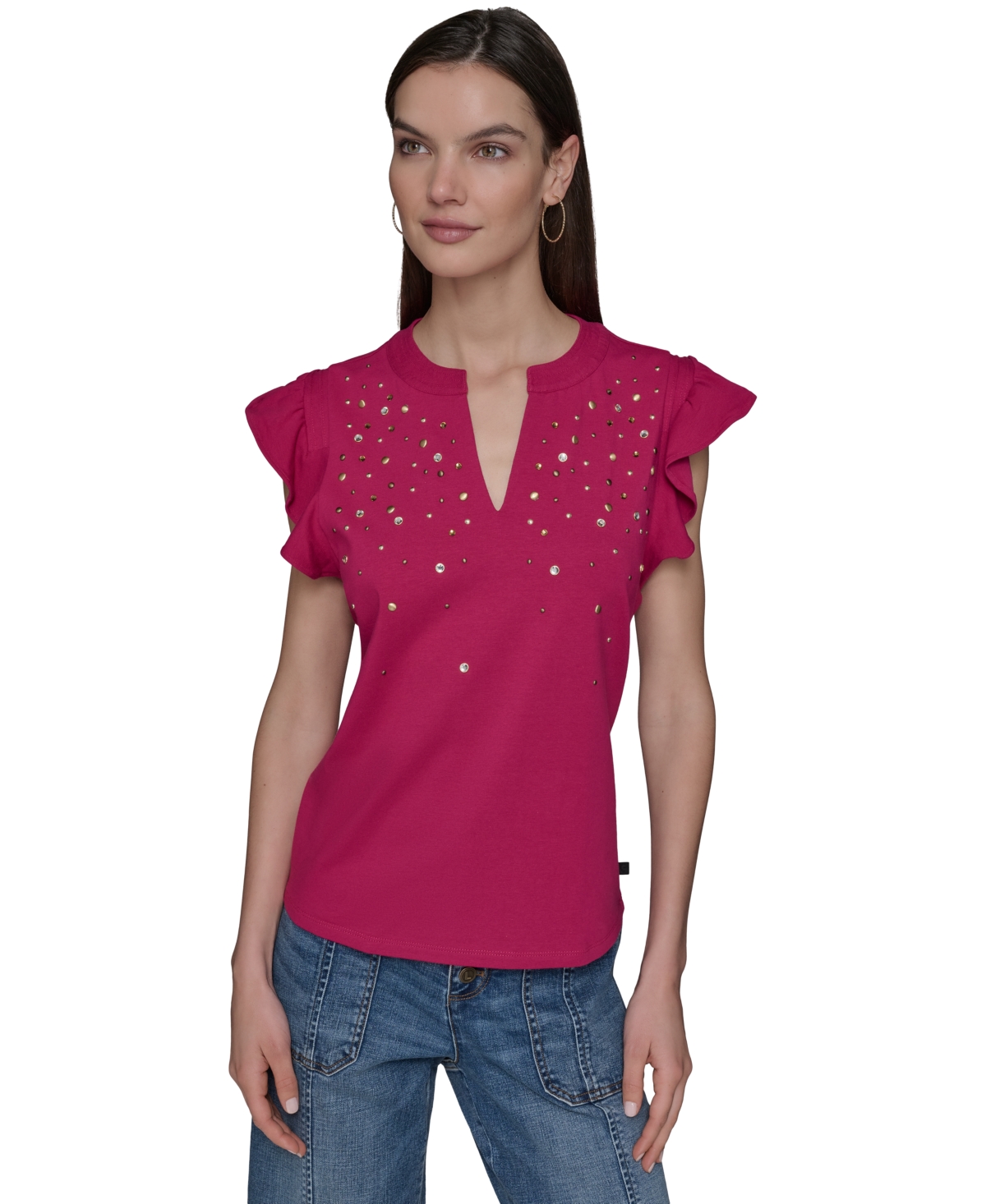 Women's Studded Ruffle Knit Top - Black