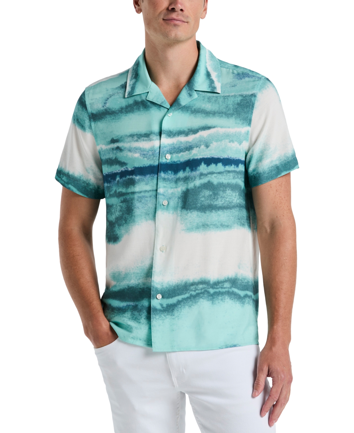 Men's Short Sleeve Wave Print Button-Front Camp Shirt - Wasabi