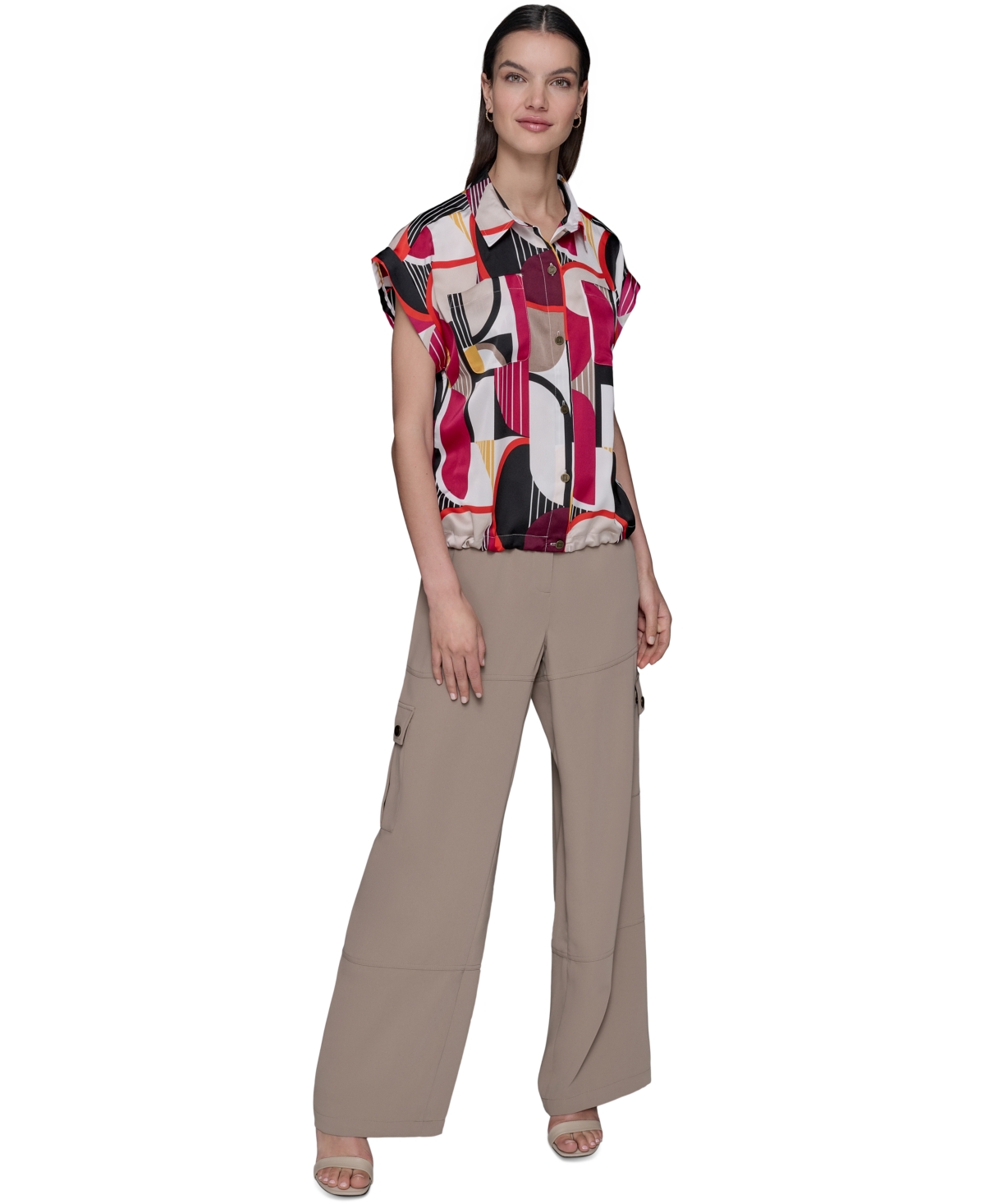 Karl Lagerfeld Petite Floral-print Drawcord-hem Blouse