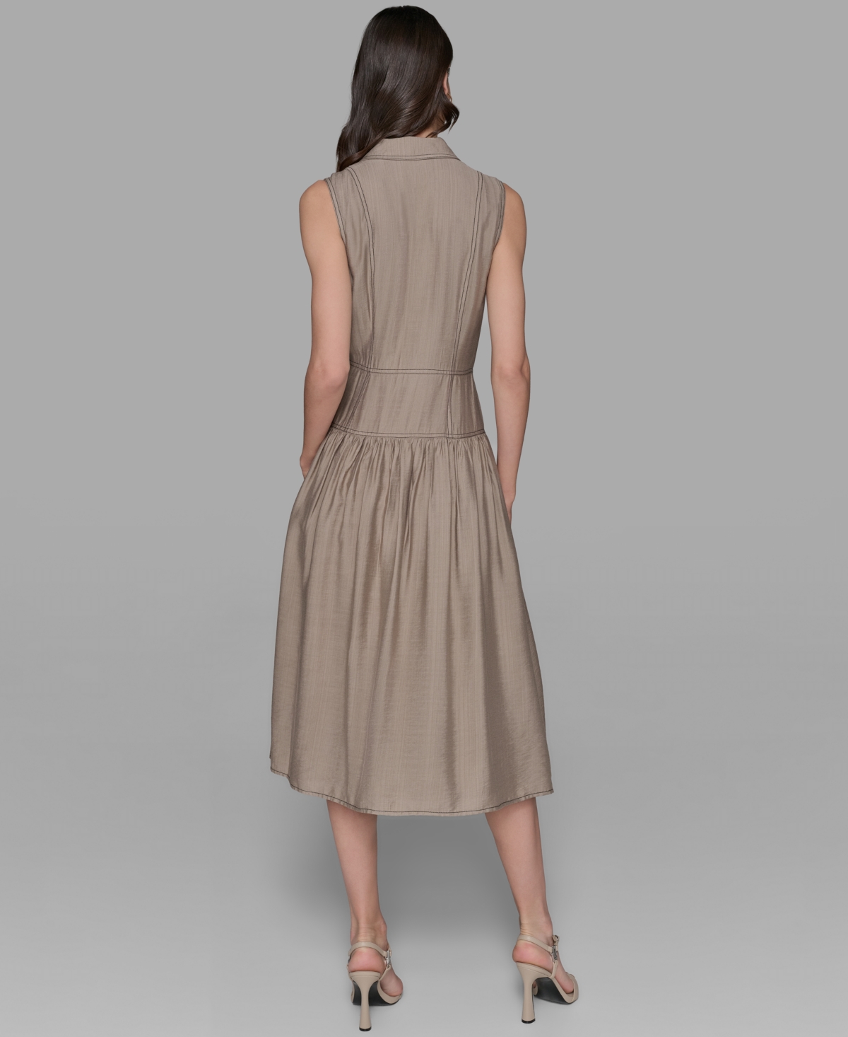 Karl Lagerfeld Petite Notched Collar Sleeveless Midi Shirtdress In Brown