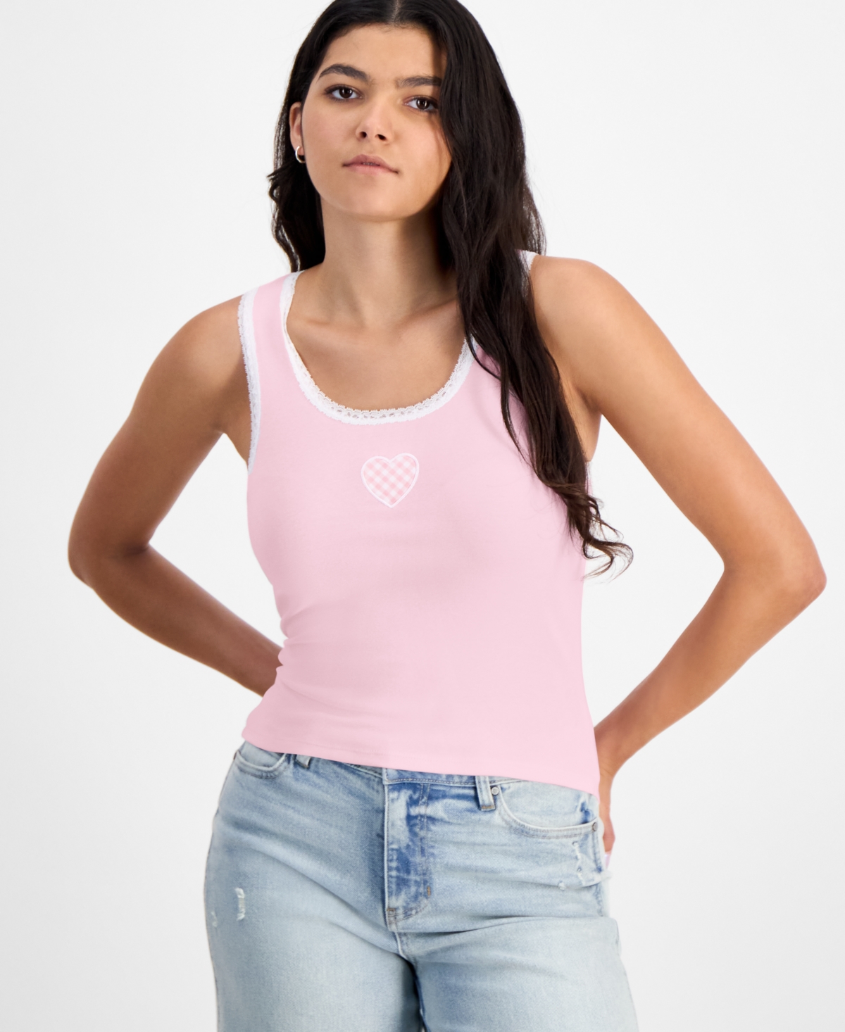 Juniors' Gingham Heart Patch Lace-Trim Tank Top - Tender Touch