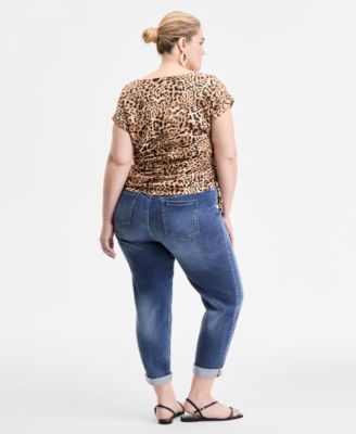 Inc International Concepts Plus Size Printed Side Tie V Neck Top Slim Tech Rolled Cuff Boyfriend Jeans Exclusively At Macys In Animal Print