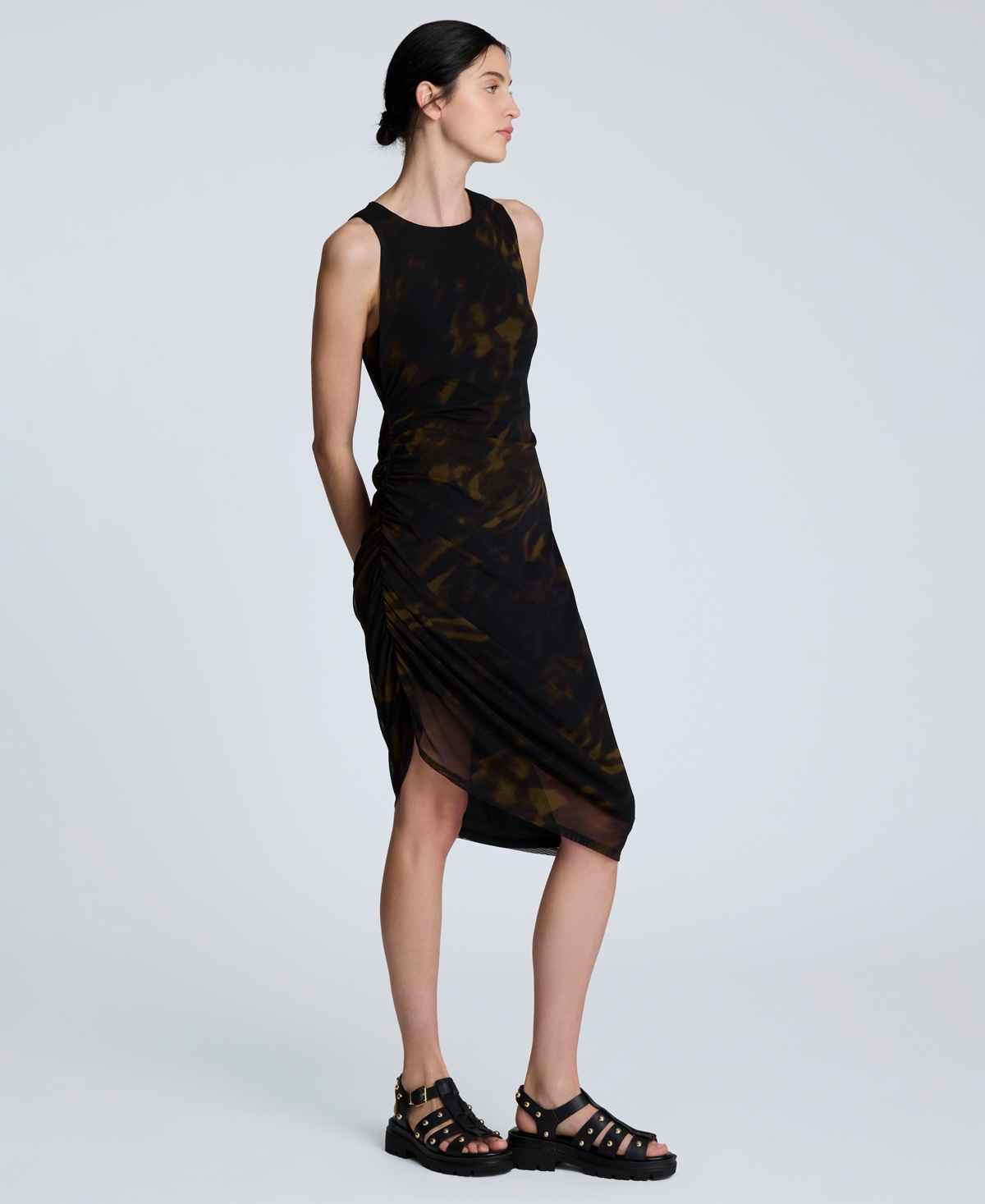 Kenneth Cole Sandra Side Ruched Asymmetrical Mesh Tank Dress