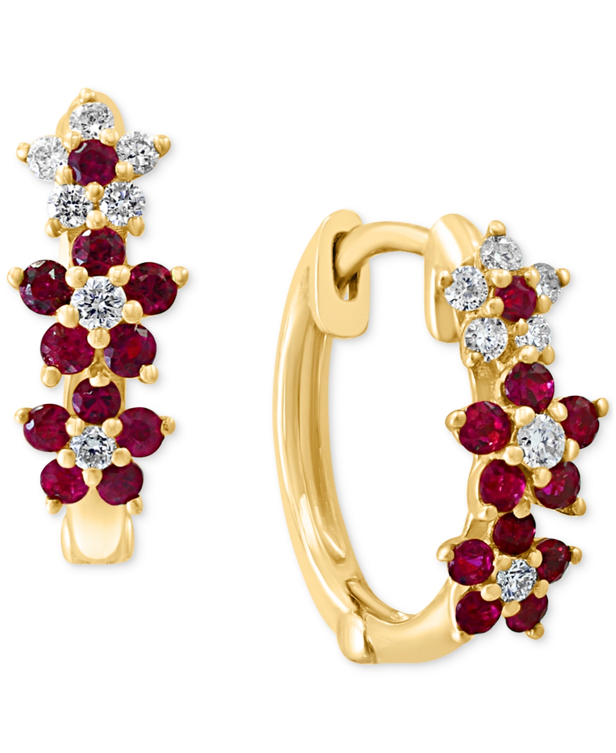 Ruby (1/3 ct. t.w.) & Diamond (1/8 ct. t.w.) Extra-Small Hoop Earrings in 14k Yellow Gold, 0.15" - Ruby