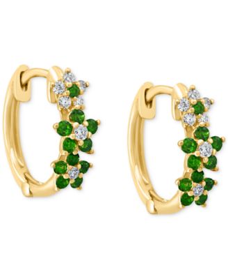 Emerald (1/3 ct. t.w.) & Diamond (1/8 ct. t.w.) Extra-Small Hoop Earrings in 14k Yellow Gold, 0.15" 