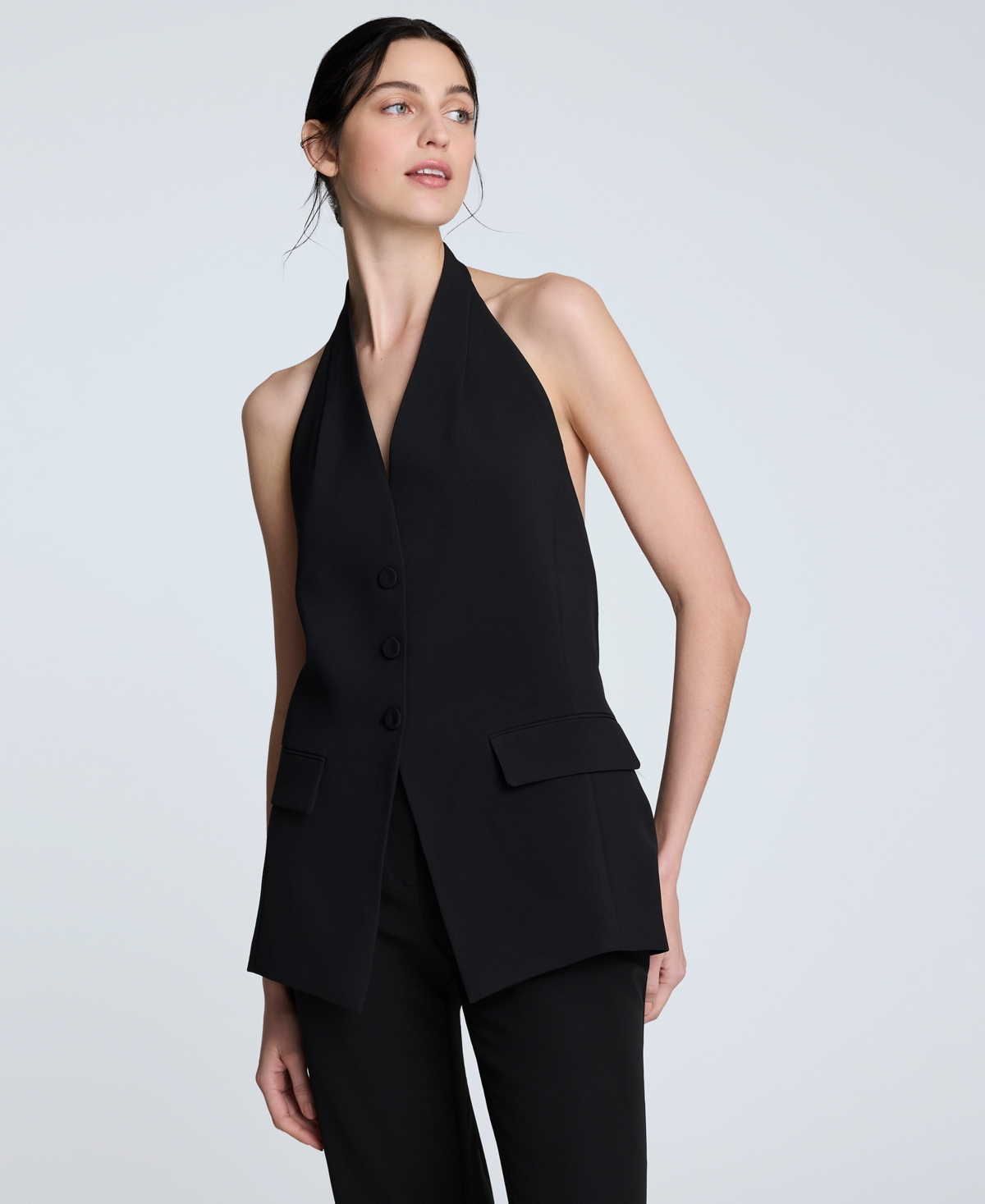 Women's Luxe Twill Three-Button Halter Vest - Black