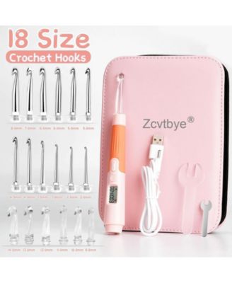 Rechargeable Lighted Crochet Hook Set with Stitch Counter, 18 Interchangeable Metal Heads, Ergonomic Handle – Gift for Knitters，Pink