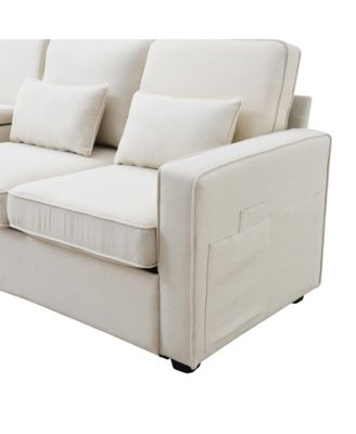 4-Seater Linen Sofa with Armrest Pockets and Pillows