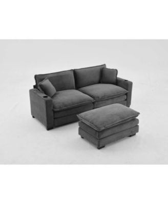 Streamdale L Shape Corduroy Sofa w/ USB, Cup Holder & Footstool - Gray