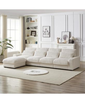 Streamdale 126" Corduroy L-Shaped Sofa w/ Cup Holder, USB, Pillows & Ottoman