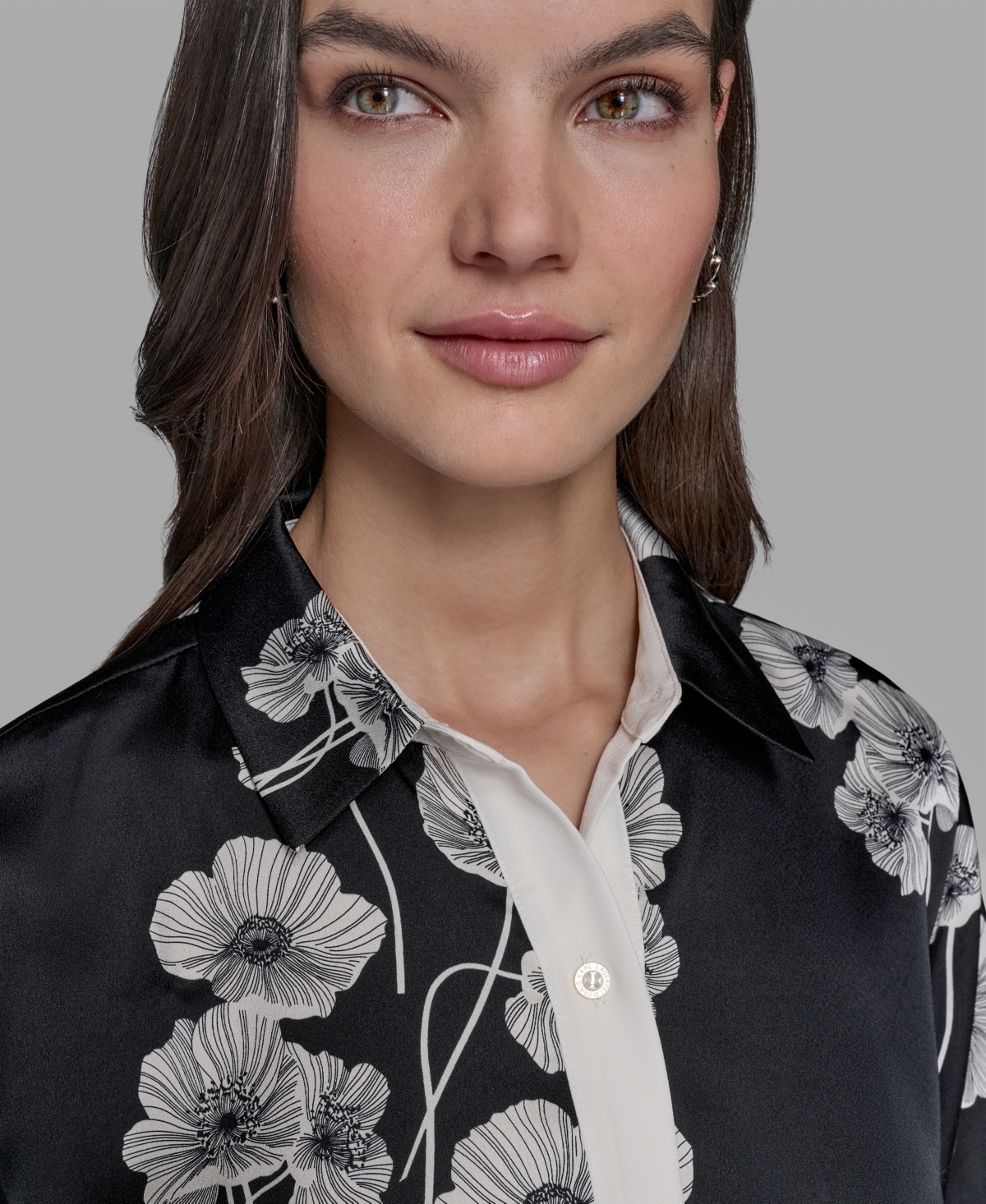 Karl Lagerfeld Petite Floral Print Satin Button-front Shirt In Black