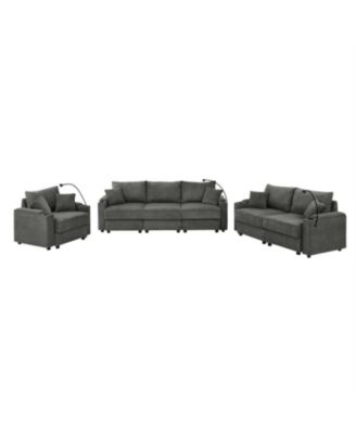 Corduroy Sofa Set with Storage, Cup Holders & Charging Ports