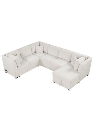 108" U-Shaped Sectional Sofa Bed with Storage Chaise, USB Ports & Power Sockets