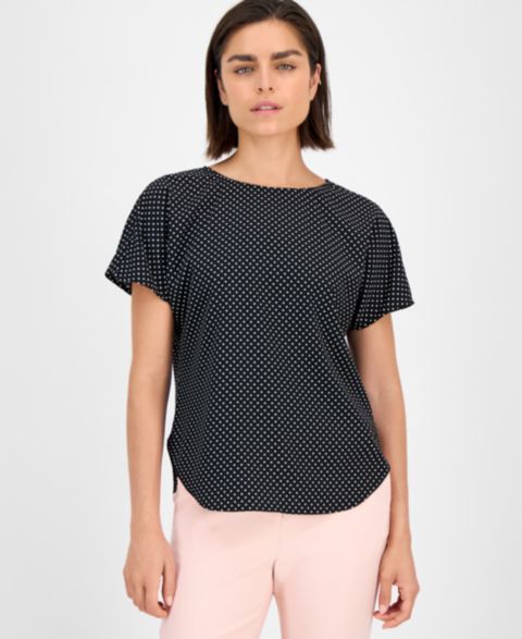 Женский топ Anne Klein с принтом, вырезом-лодочкой и коротким рукавом, цвет: Чёрный / Белый