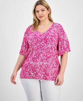 JM Collection - Plus Size Floral Flared-Sleeve V-Neck Top