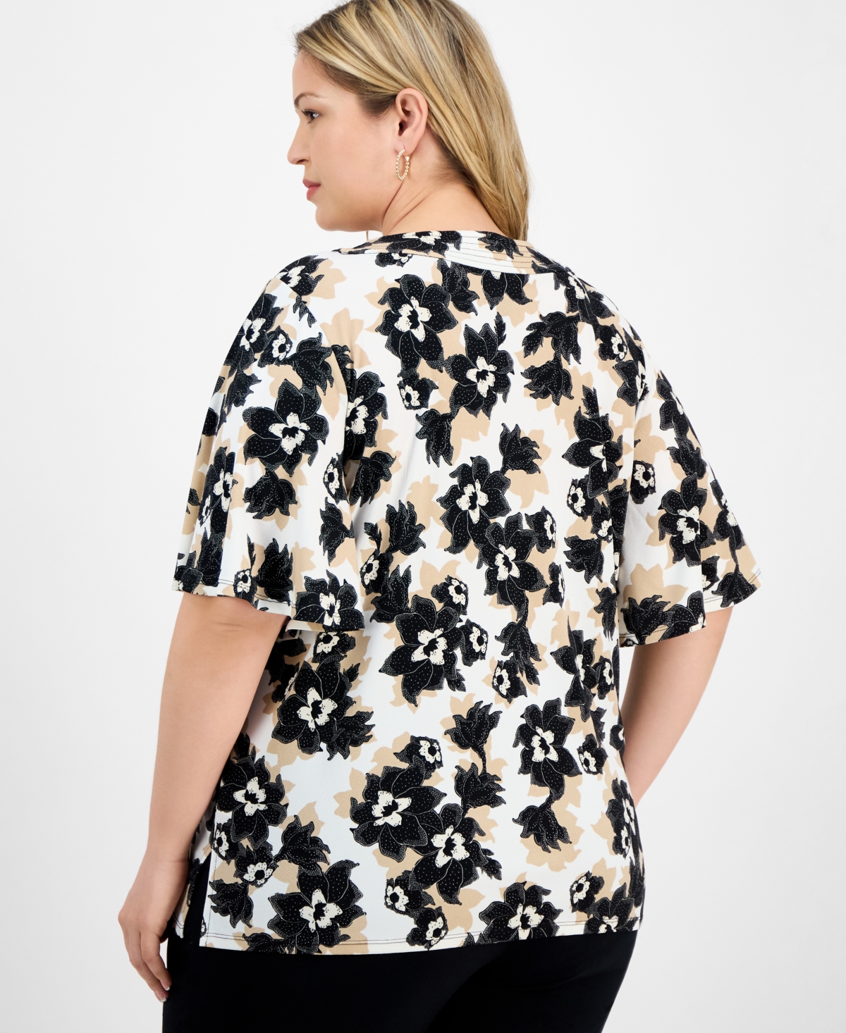 Jm Collection Plus Size Printed Flared-sleeve V-neck Top, Exclusively At Macy's In White