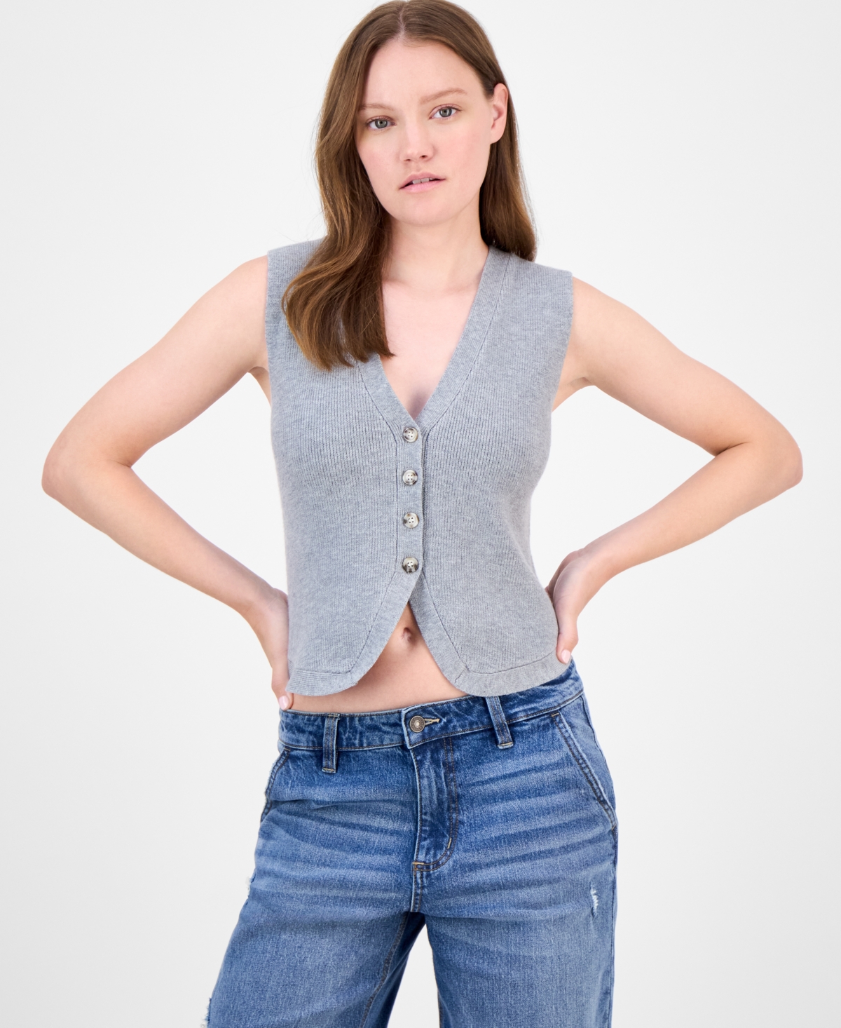 Juniors' V-Neck Button-Front Sweater Vest - Heather Grey