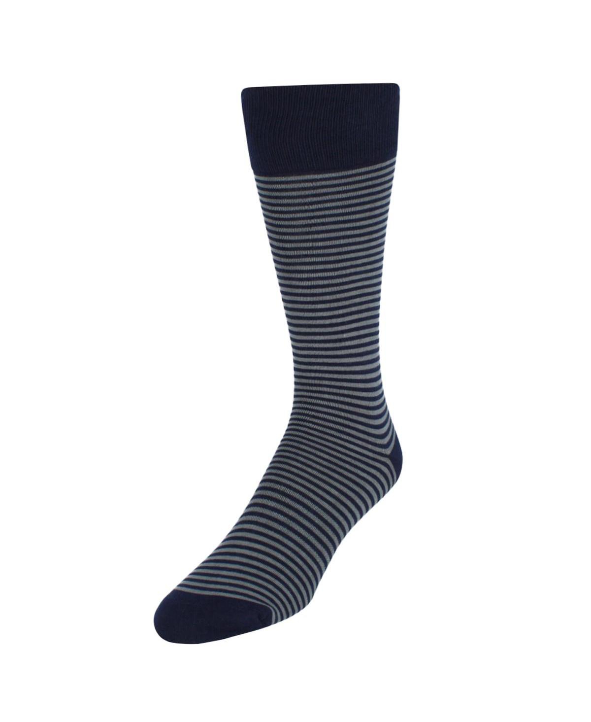 Men's Carvel Striped Pattern Mid-Calf Pima Cotton Socks (1 Pair) - Navy blue and grey stripes