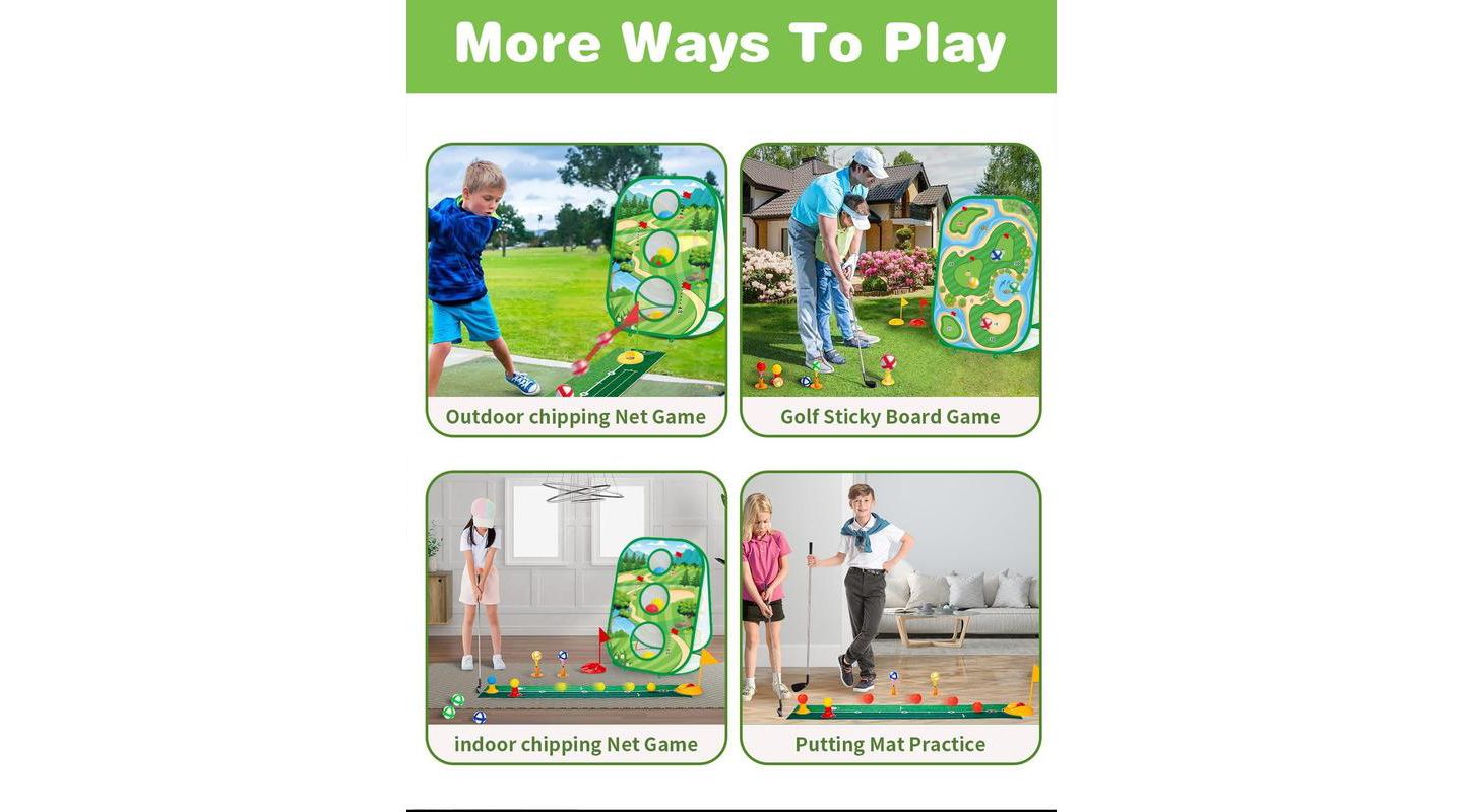 Детские игрушки TITQWOP 4-in-1 Sticky Golf Games Set with Putting Mat, Chipping Net & Cornhole Board, Ages 4+ — фото 4