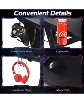 45.5 Gaming Desk, Z Shaped Racing Game Table with Carbon Fiber Surface, Mouse Mat, Headphone Hook, Cup Holder, Game Handle Rack, Ergonomic Home Office Computer Table Gamer Workstation