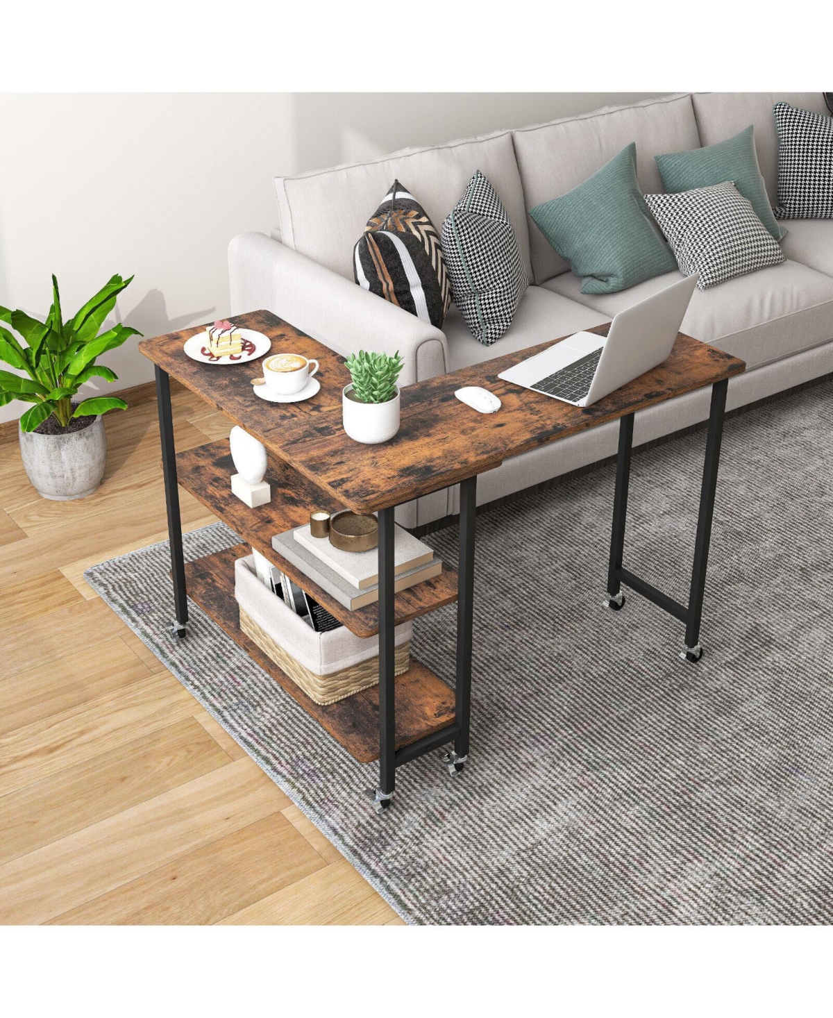 360° Rotating Sofa Side Table with 2-Tier Storage Shelves