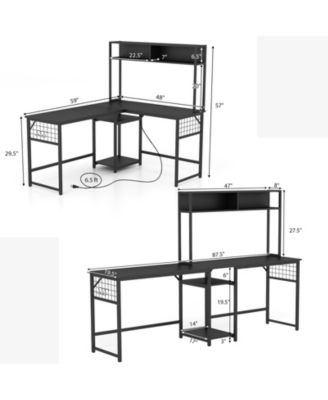 L-shaped Desk with Power Outlet Hutch