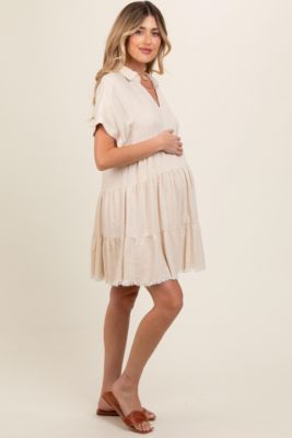 Maternity Cream Tiered Linen Dress
