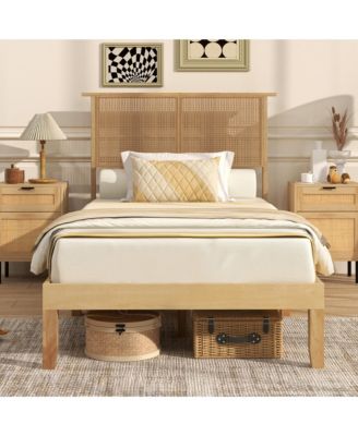 Twin Size Bed Frame w/ Rattan Headboard 10 Solid Wood Legs & 12 Wooden Slats