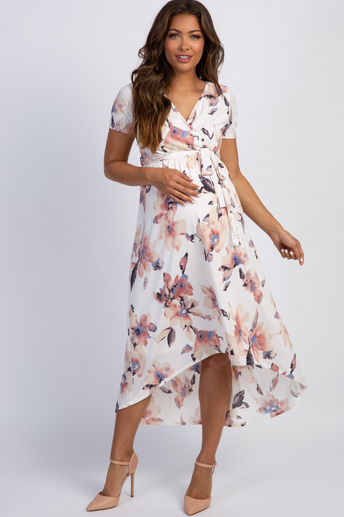 Maternity Ivory Watercolor Floral Hi-Low Wrap Dress - Ivory