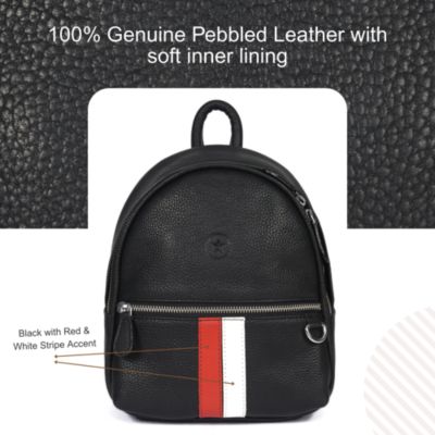 Pebbled Leather Mini Backpack with Red and White Racing Stripe, Front Zipper Pocket, Adjustable Shoulder Straps, and Compact Interior – Stylish Hands-Free Everyday Bag for Women or Teens