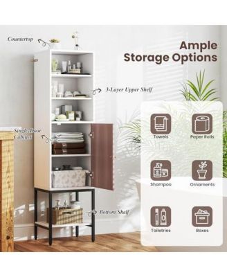 57" 1-Pc. Tall Bathroom Cabinet with 1 Door, 4 Shelves and Adjustable Storage