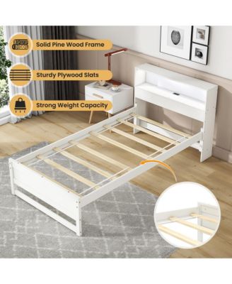 Twin Size Wooden Bed Frame w/ Charging Station & LED Light Storage Headboard