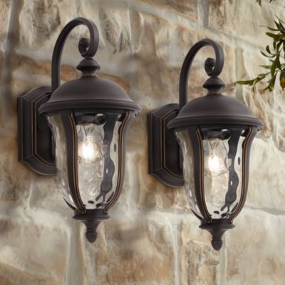 Park Sienna Rustic Vintage Outdoor Wall Light Fixtures Set of 2 Bronze Metal 16 3/4" Clear Hammered Glass for Post Exterior