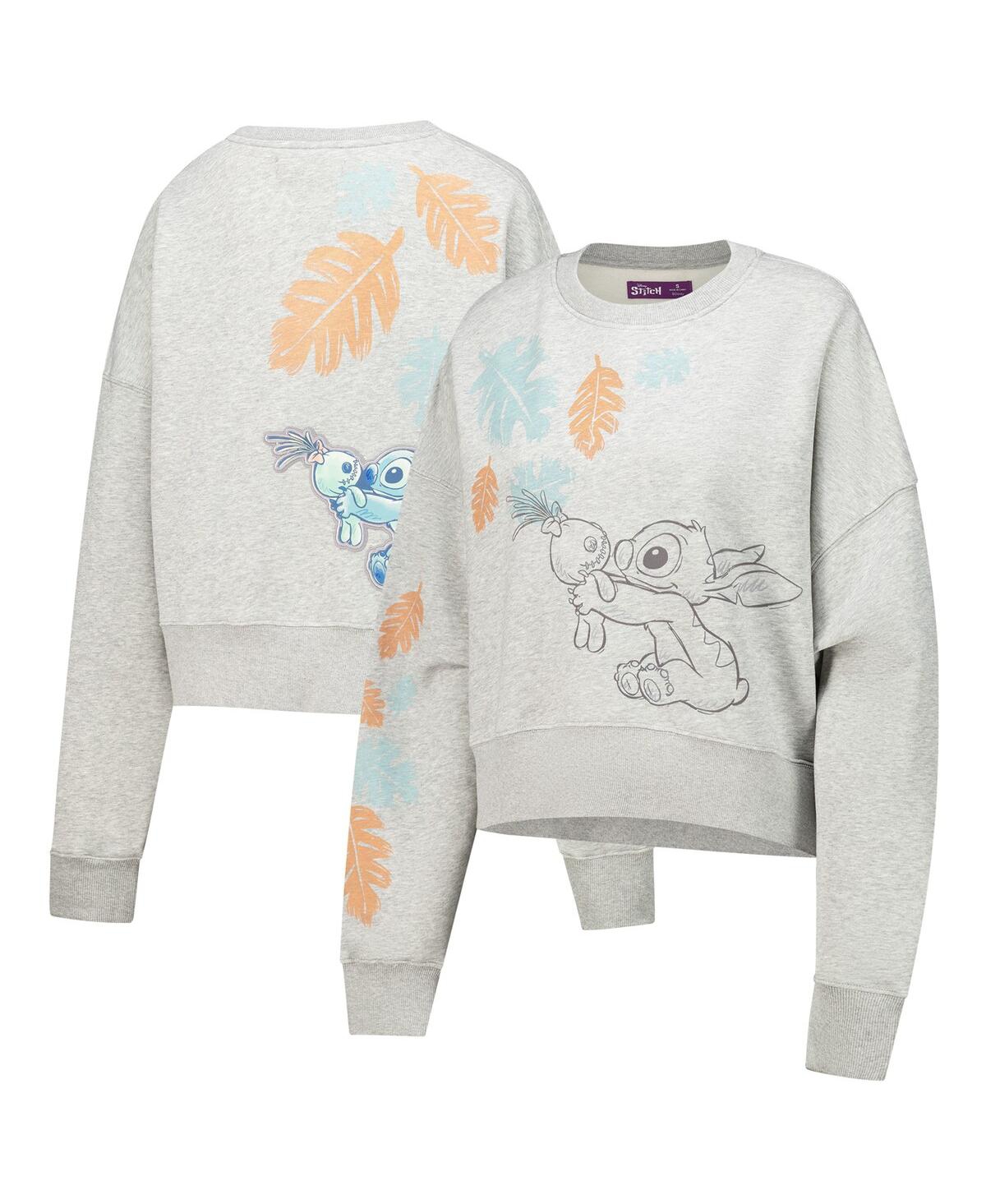 FREEZE MAX WOMEN'S HEATHER GRAY LILO AND STITCH HOLD ON TIGHT LOOSE FIT CROPPED PULLOVER SWEATSHIRT 