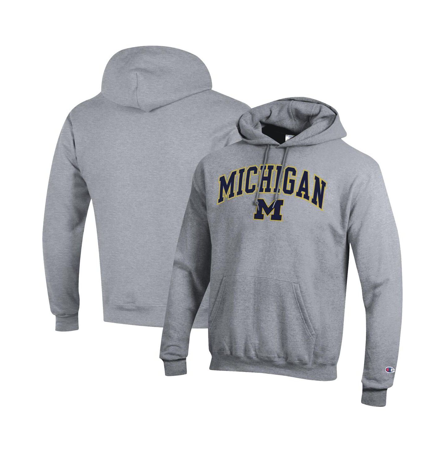 Мужское худи Champion Navy Michigan Wolverines Arched Logo Fleece Pullover, цвет: Меланжевый серый — фото 1