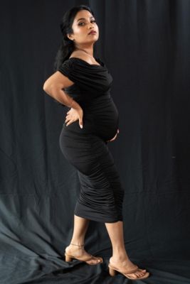 Maternity Black Off Shoulder Ruched Midi Dress