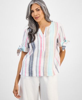 Charter Club - Women's Striped 100% Linen Tied-Sleeve Top