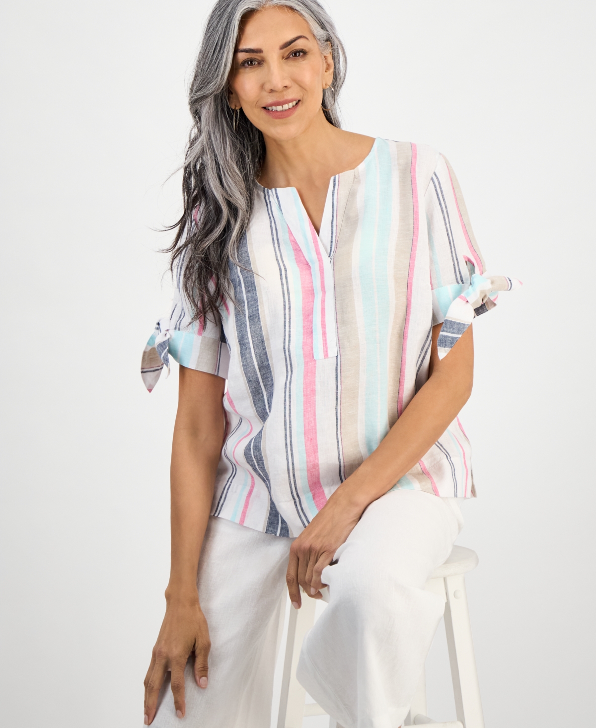 Women's Striped 100% Linen Tied-Sleeve Top, Exclusively at Macy's - Bright White