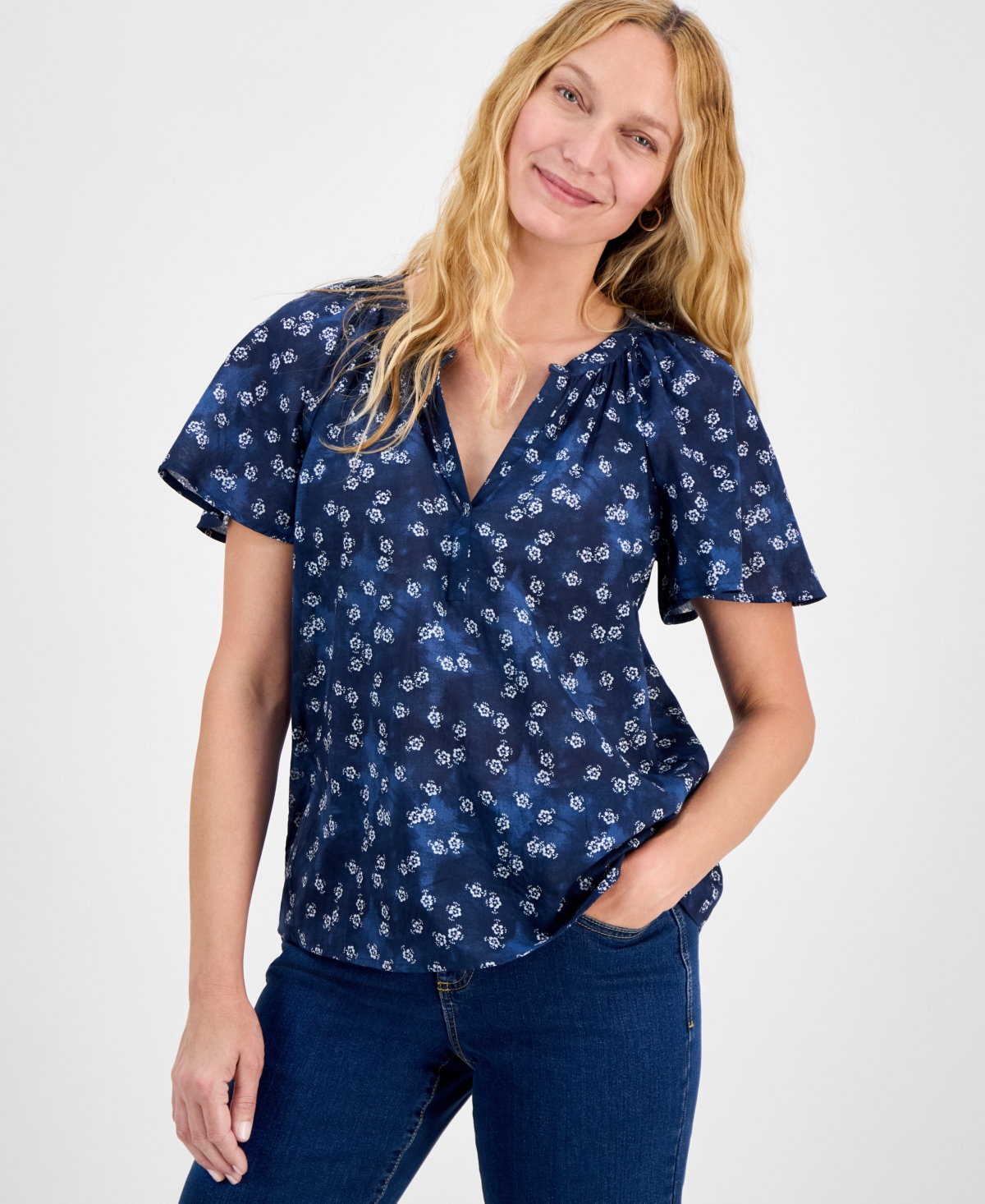 Women's Printed Flutter-Sleeve Cotton Top, Exclusively at Macy's - Spot Airy Blue