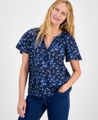 Style & Co Petite Printed Split-Neck Flutter-Sleeve Top