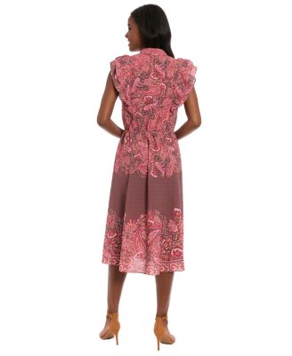 Women's Printed Split-Neckline Ruffle Midi Dress